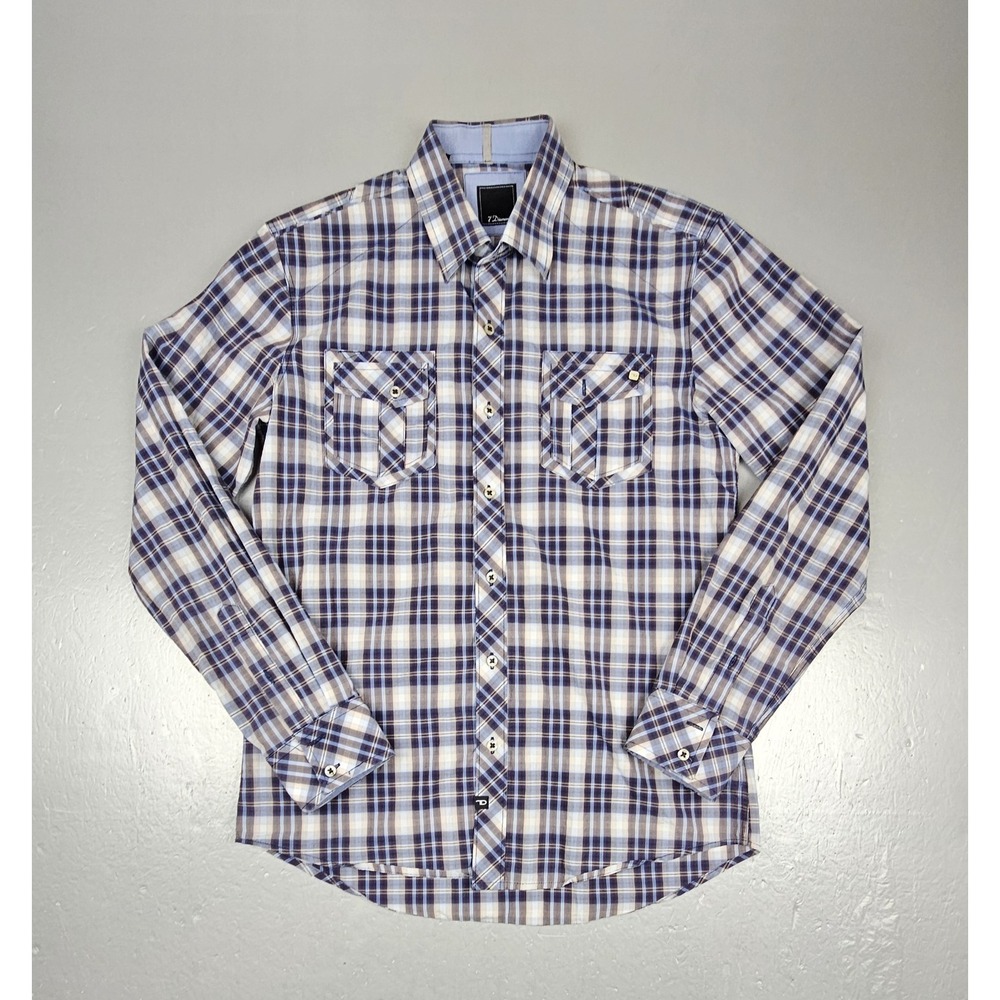 7 DIAMONDS Button Down Shirt Mens Medium Blue Burgundy Plaid Long Sleeve